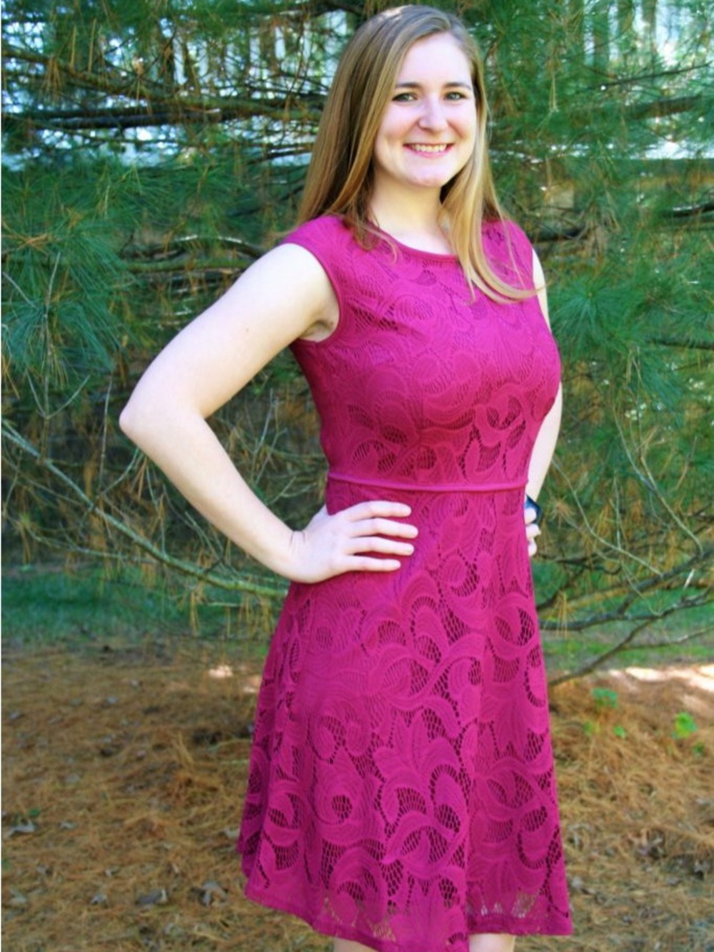Women's Lace Fit & Flare Dress in Magenta
